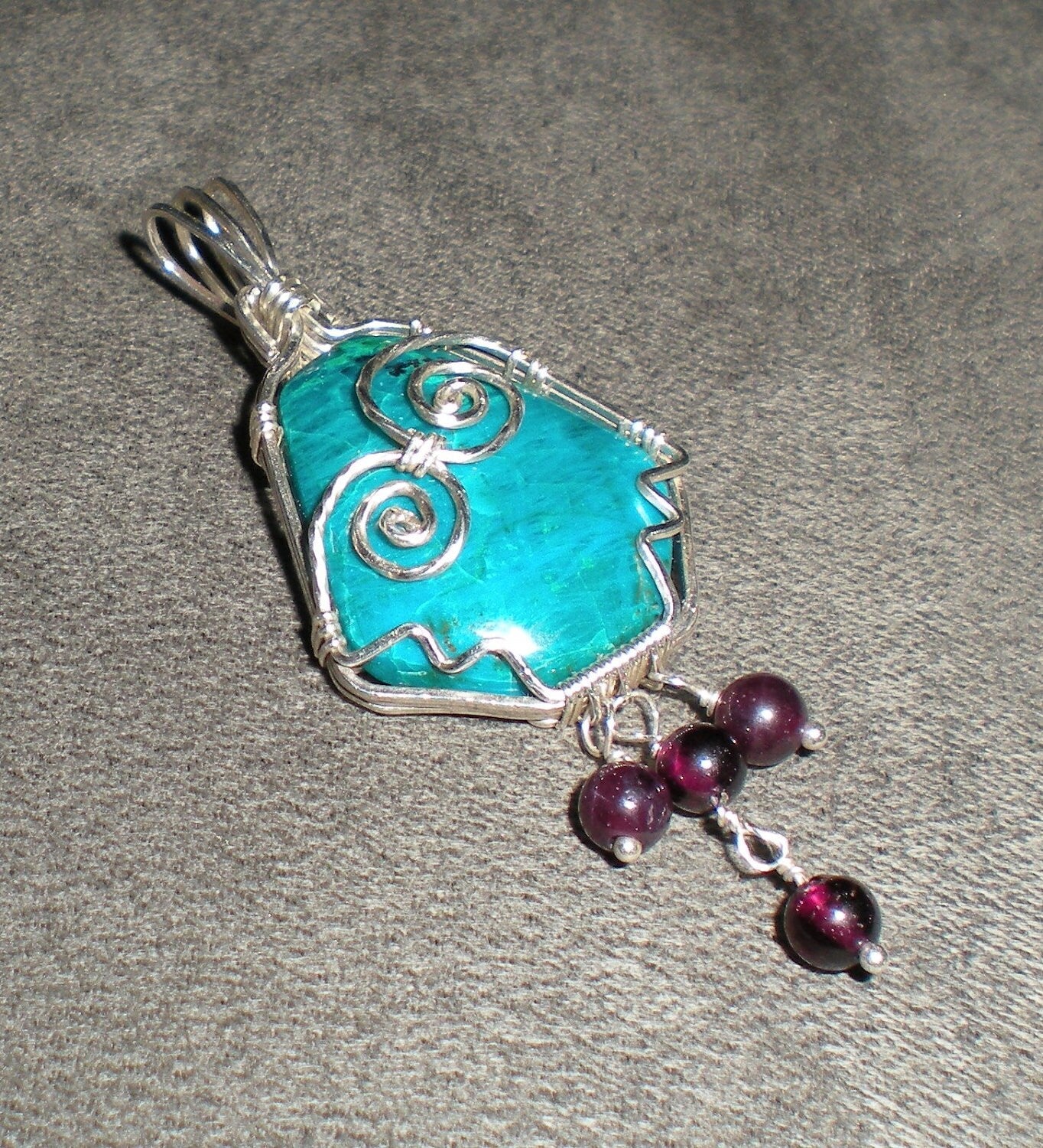 Chrysocolla and garnet sterling silver wire wrapped pendant