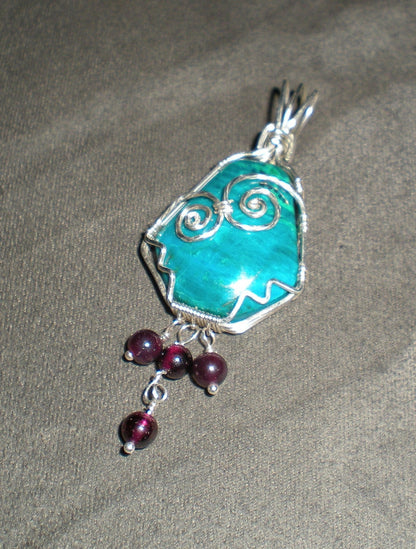 Chrysocolla and garnet sterling silver wire wrapped pendant
