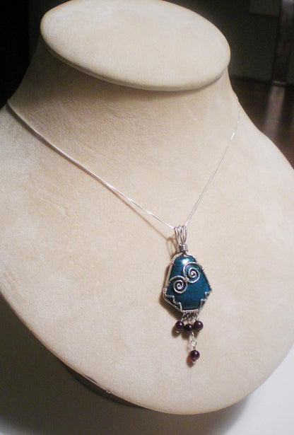 Chrysocolla and garnet sterling silver wire wrapped pendant