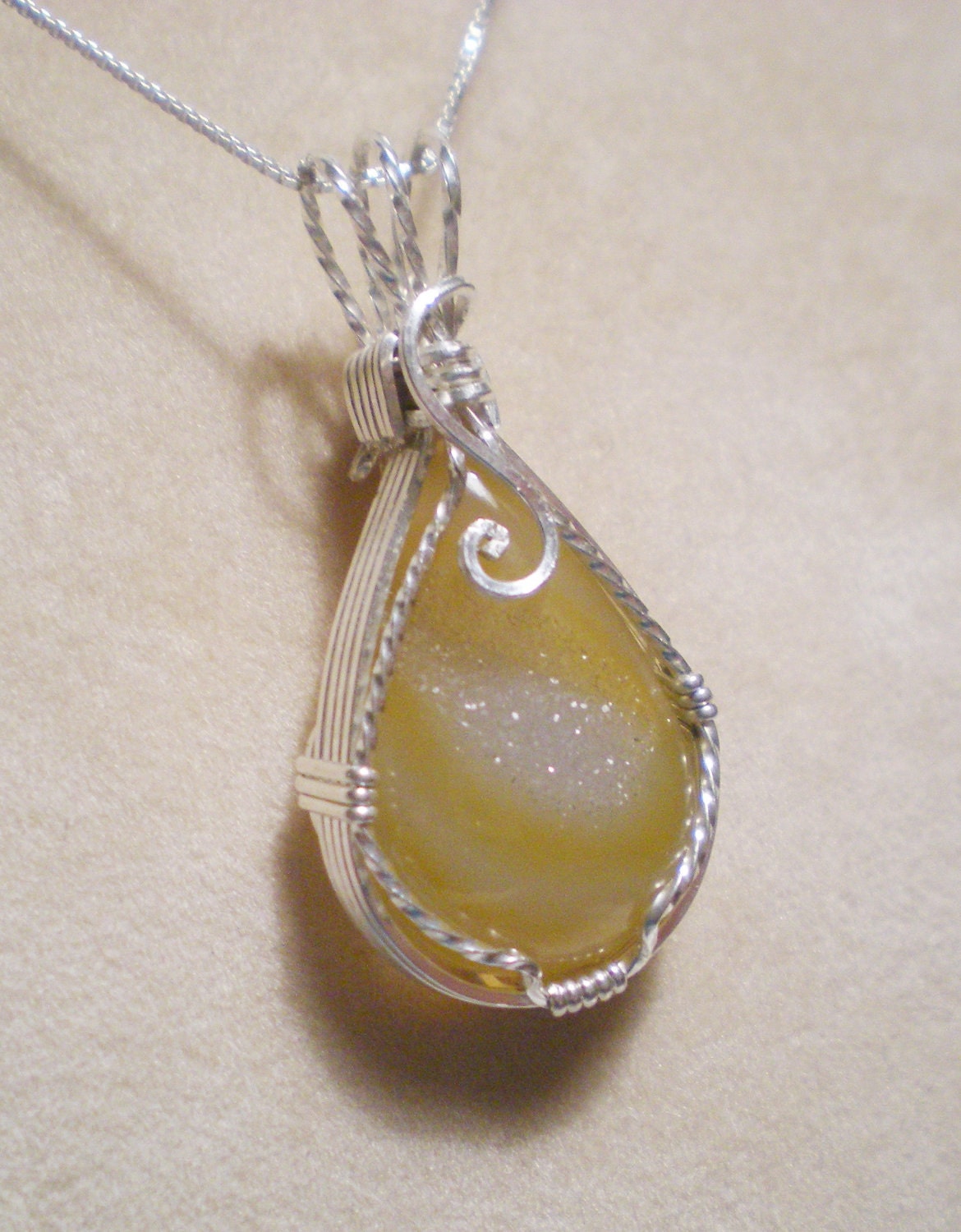Druzy Agage sterling silver wire wrapped pendant