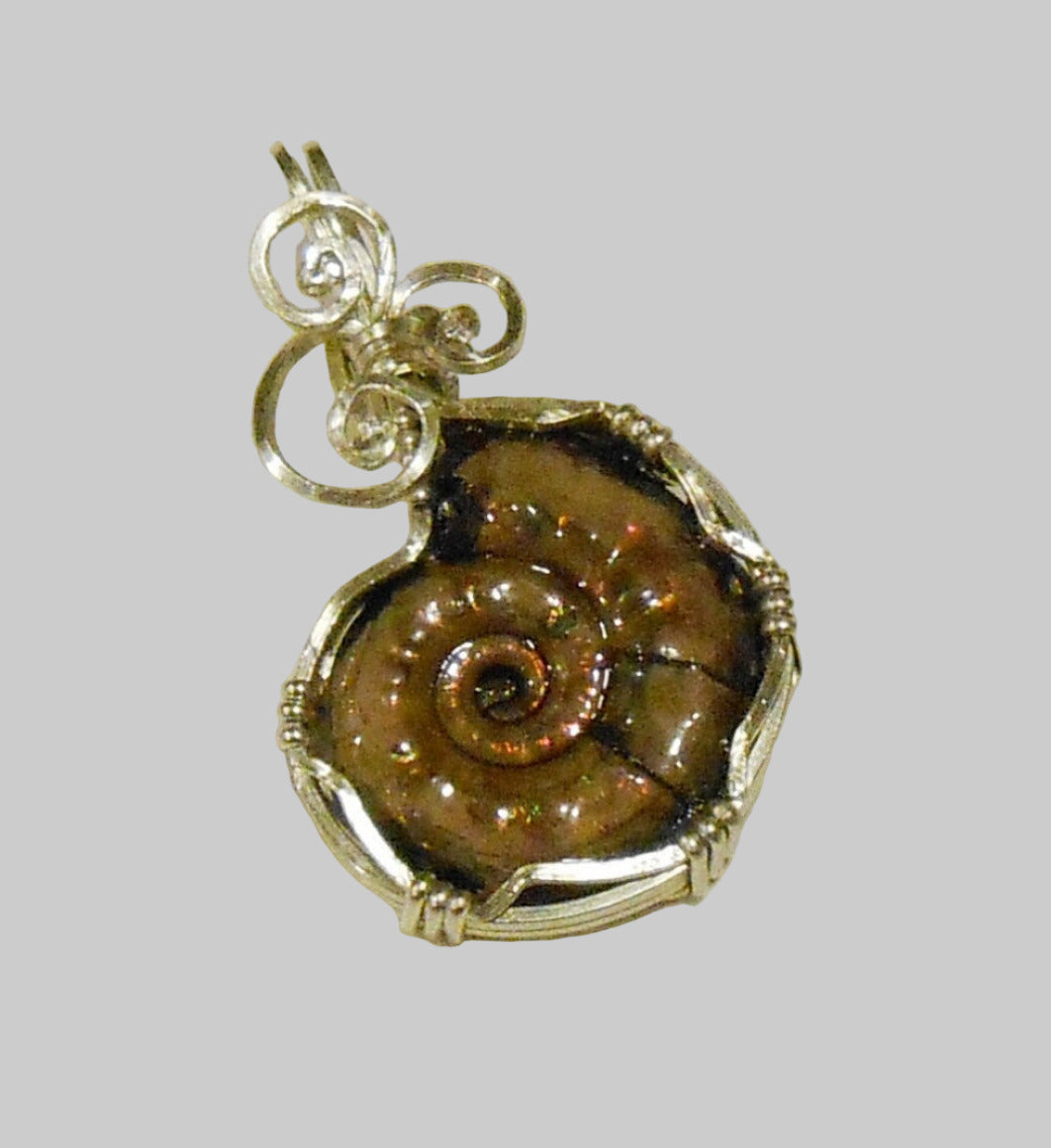Pyritized Ammonite fossil pendant with ammolite features sterling silver wire wrapped