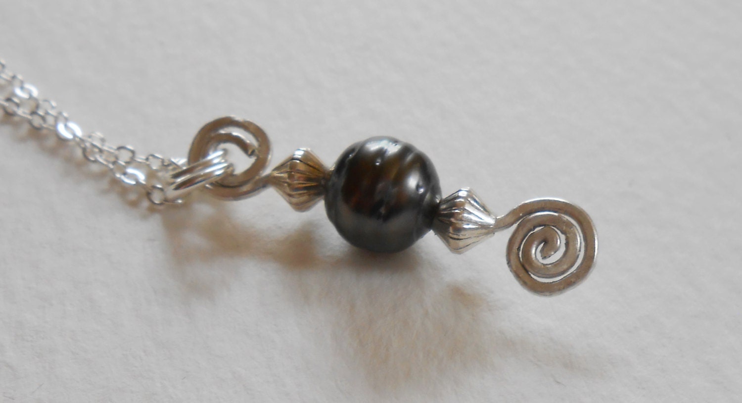 Tahitian pearl on sterling silver wire pendant with sterling silver chain