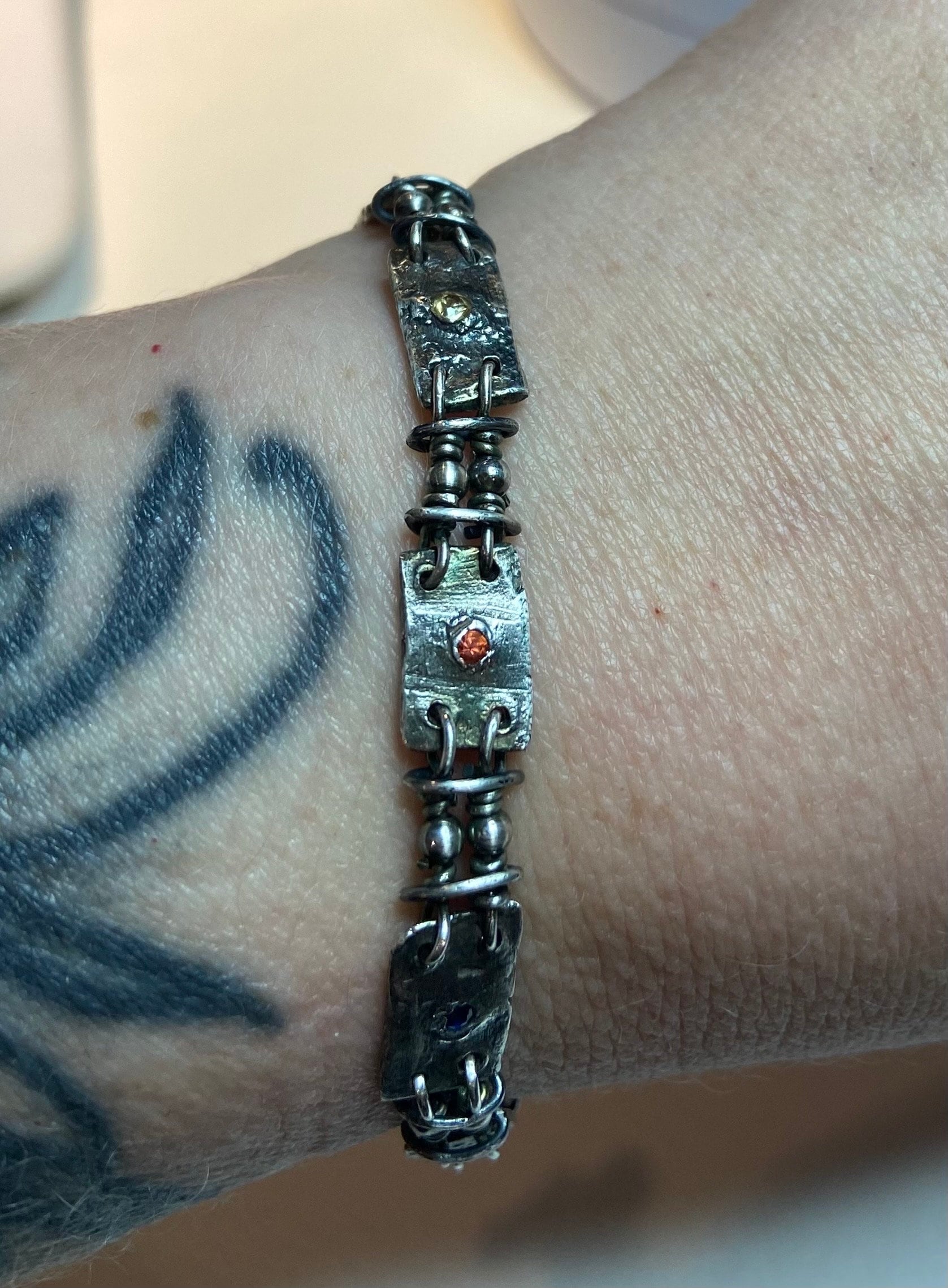 Multi color sapphire fine PMC silver and sterling hand forged station bracelet OOAK