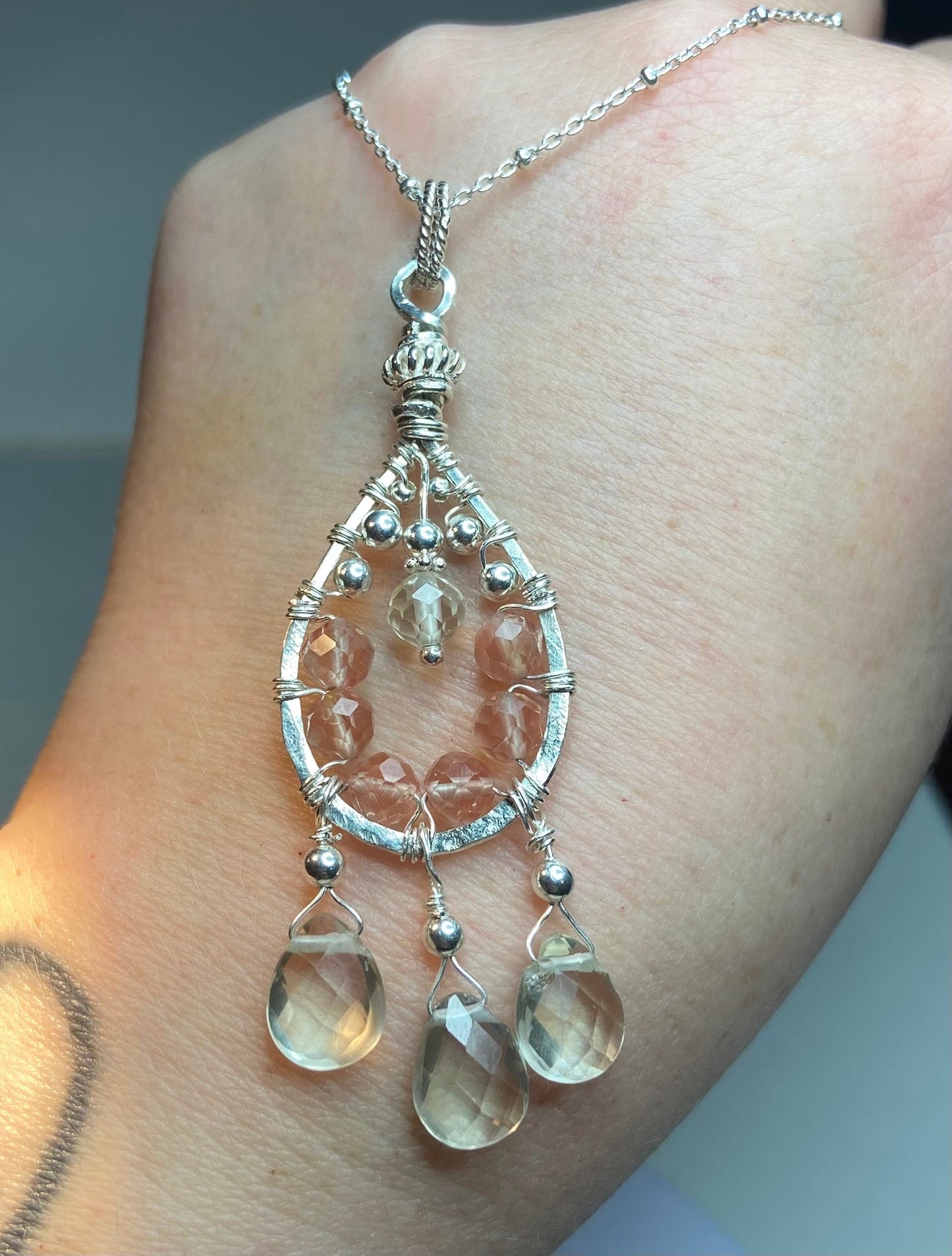 Oregon Sunstone beaded and wire wrapped chandelier dream catcher style pendant necklace