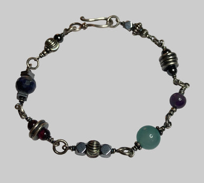 Rugged, solid sterling silver industrial style bracelet featuring gemstones OOAK