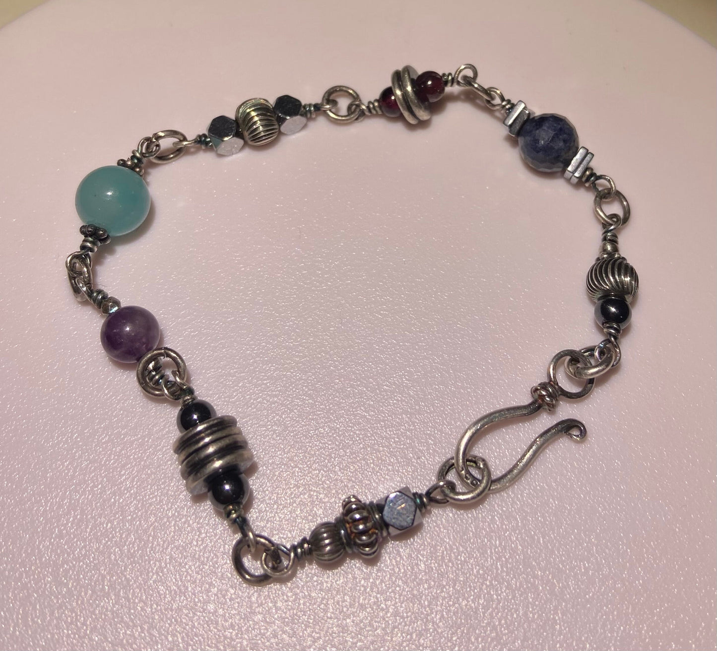 Rugged, solid sterling silver industrial style bracelet featuring gemstones OOAK