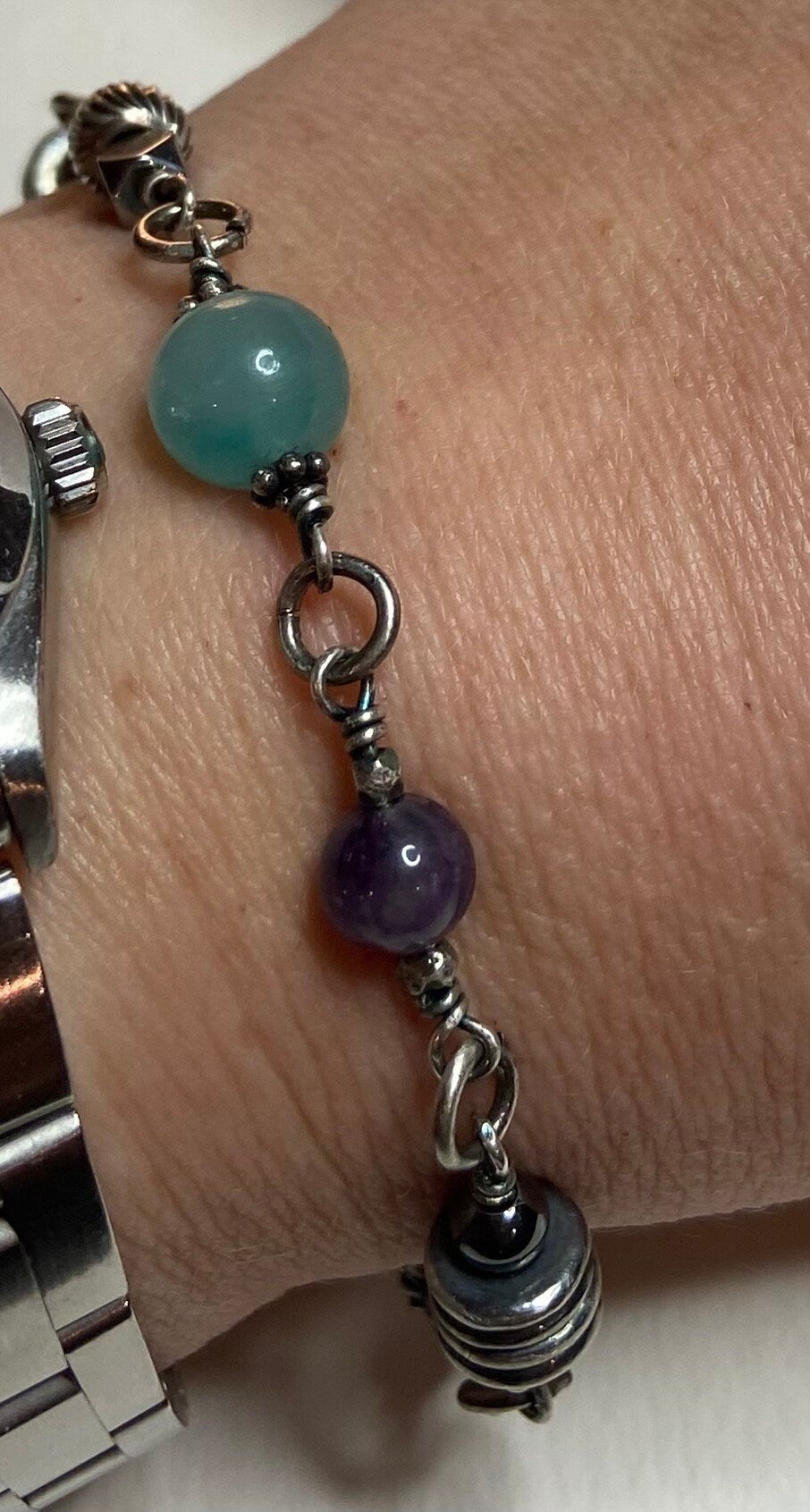 Rugged, solid sterling silver industrial style bracelet featuring gemstones OOAK