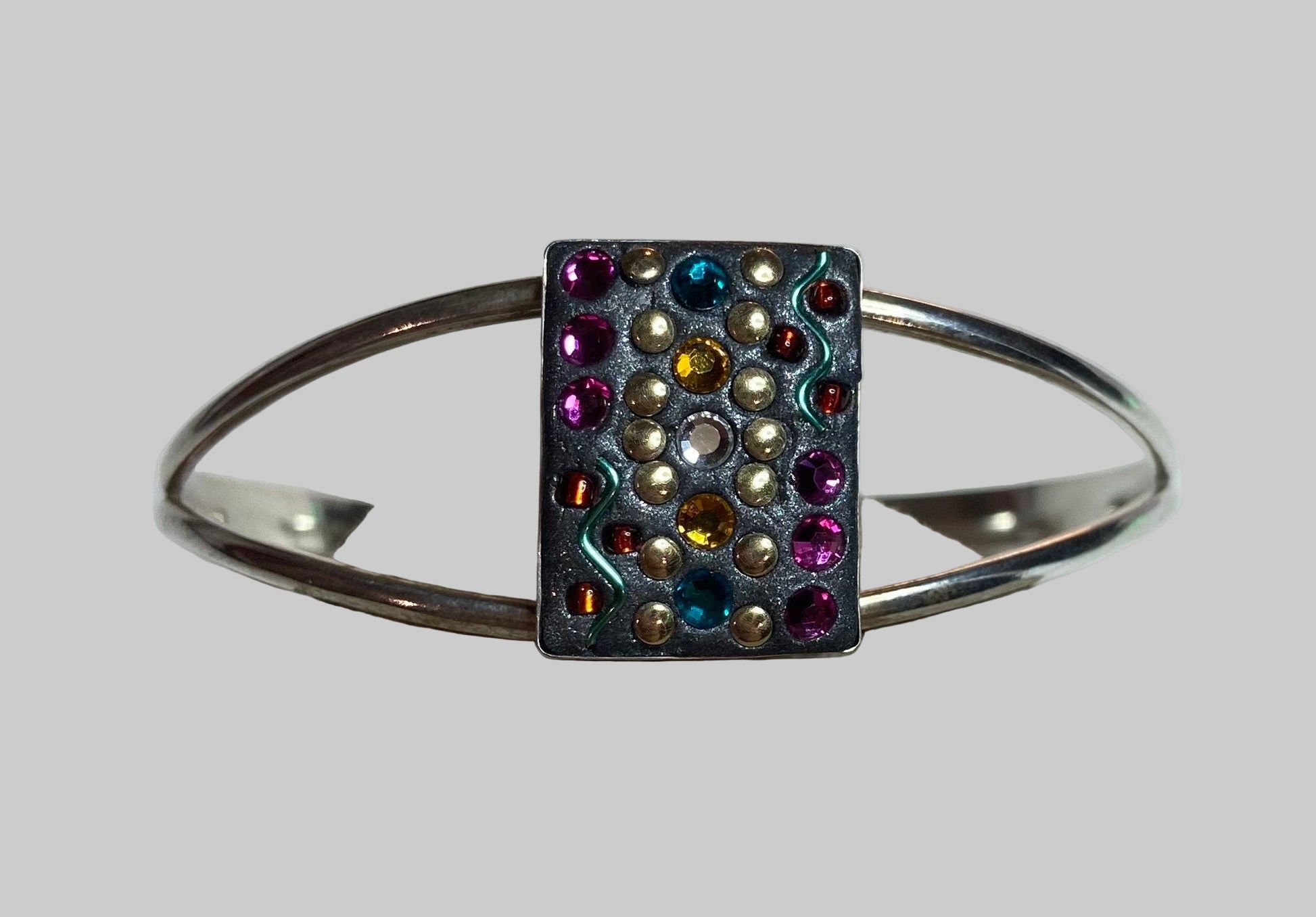 Fun and funky solid sterling silver cuff bracelet featuring Swarovski crystals and more OOAK