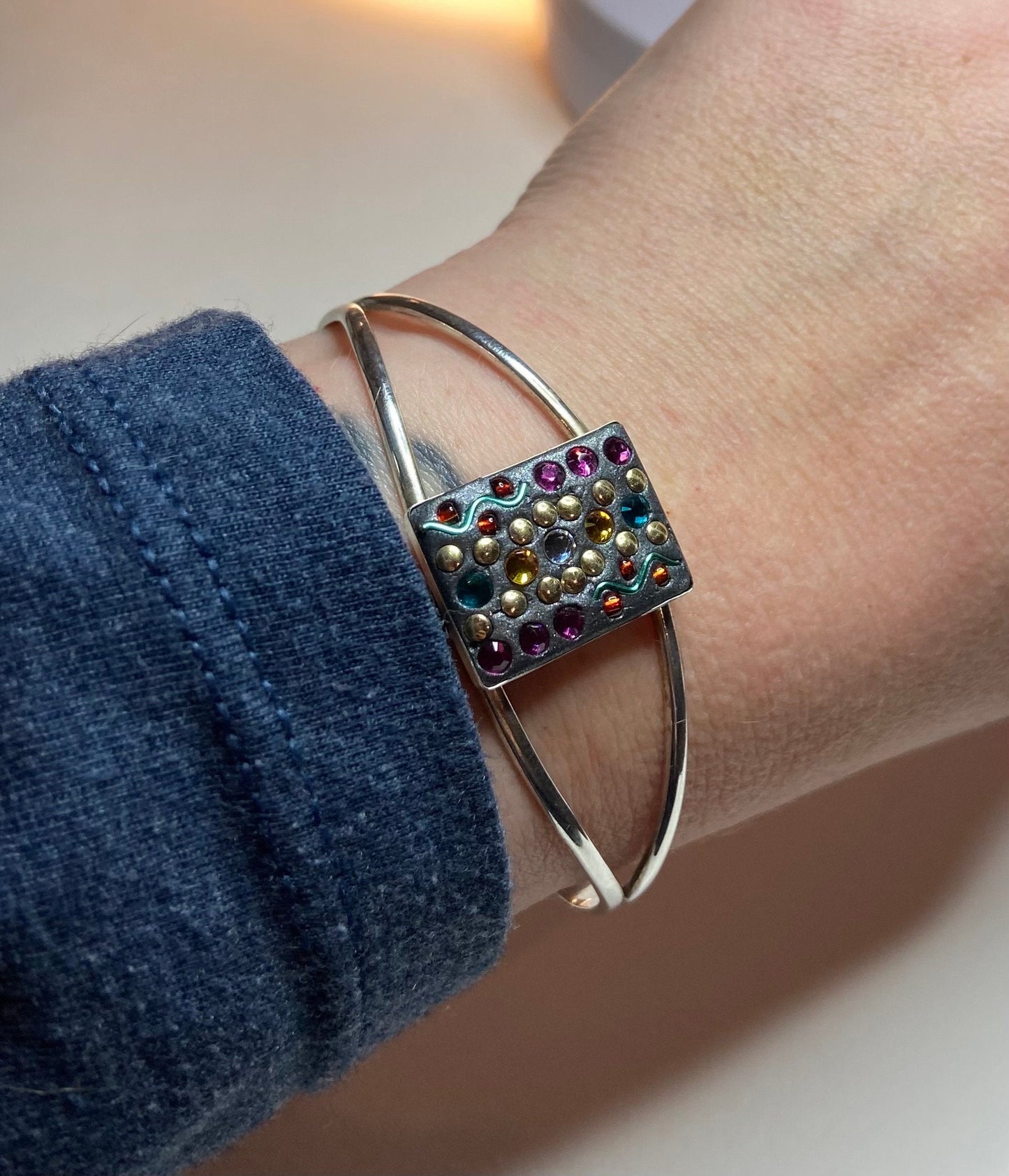 Fun and funky solid sterling silver cuff bracelet featuring Swarovski crystals and more OOAK