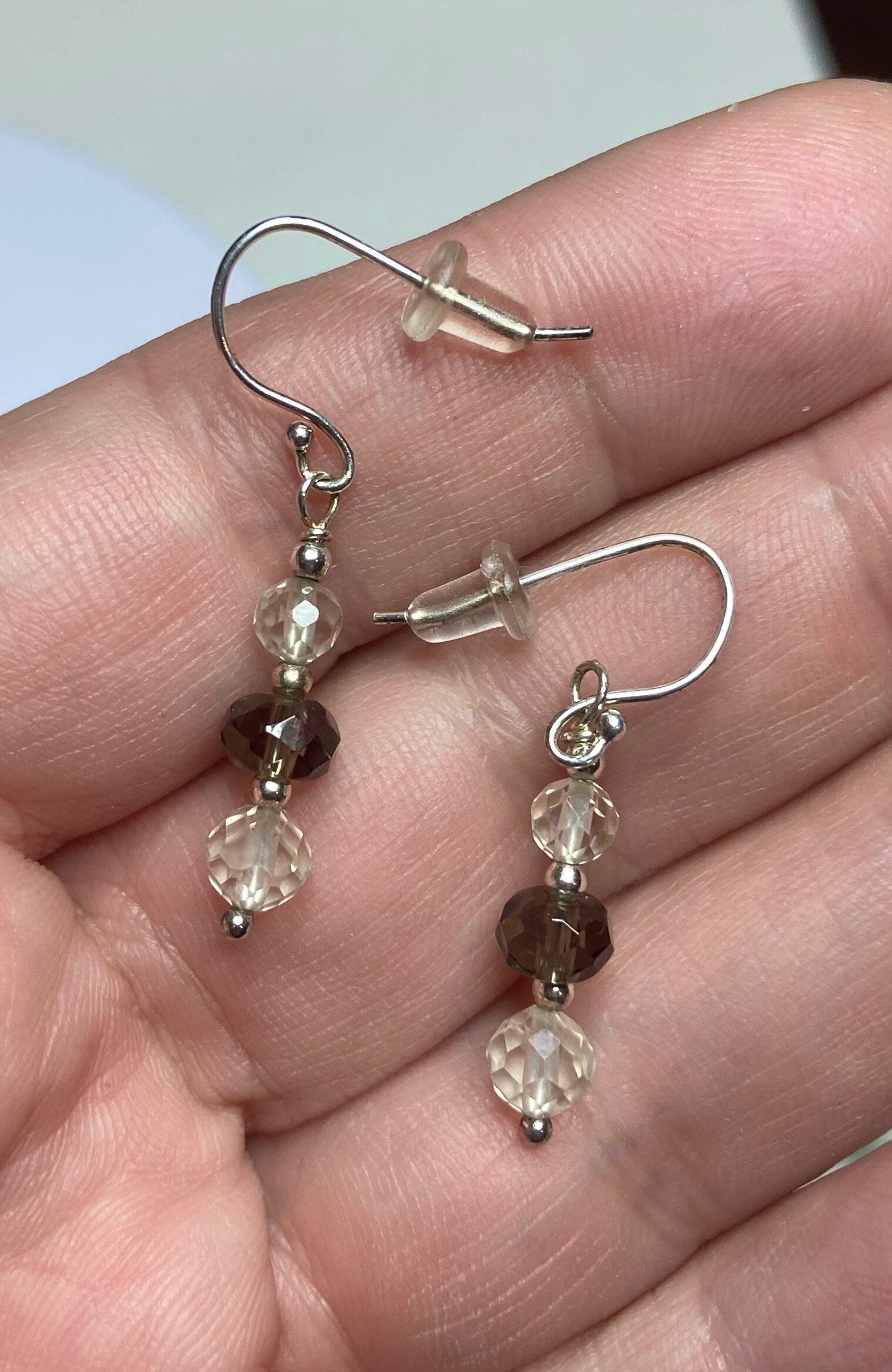 Oregon Sunstone and smokey quartz beaded dangle drop earrings.