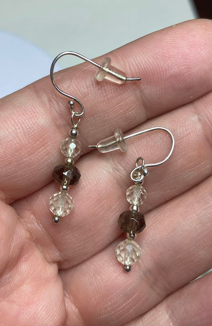 Oregon Sunstone and smokey quartz beaded dangle drop earrings.