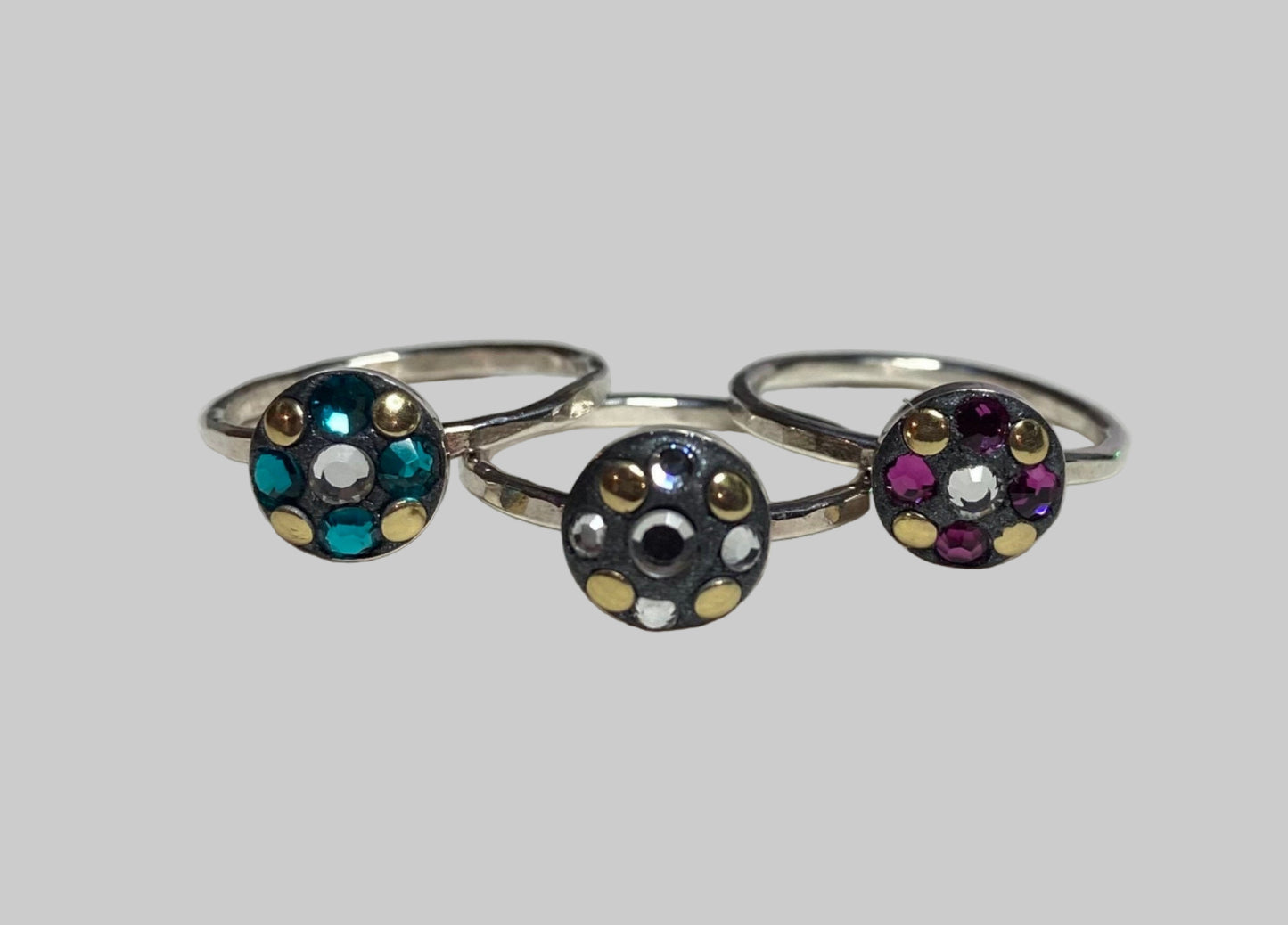 Sterling silver Swarovski and gold embellished stacking band rings in choice of color pink teal or clear