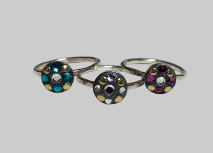 Sterling silver Swarovski and gold embellished stacking band rings in choice of color pink teal or clear