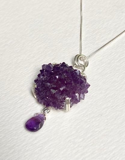 Beautiful specimen Amethyst stalactite rosette cluster pendant necklace in solid sterling silver