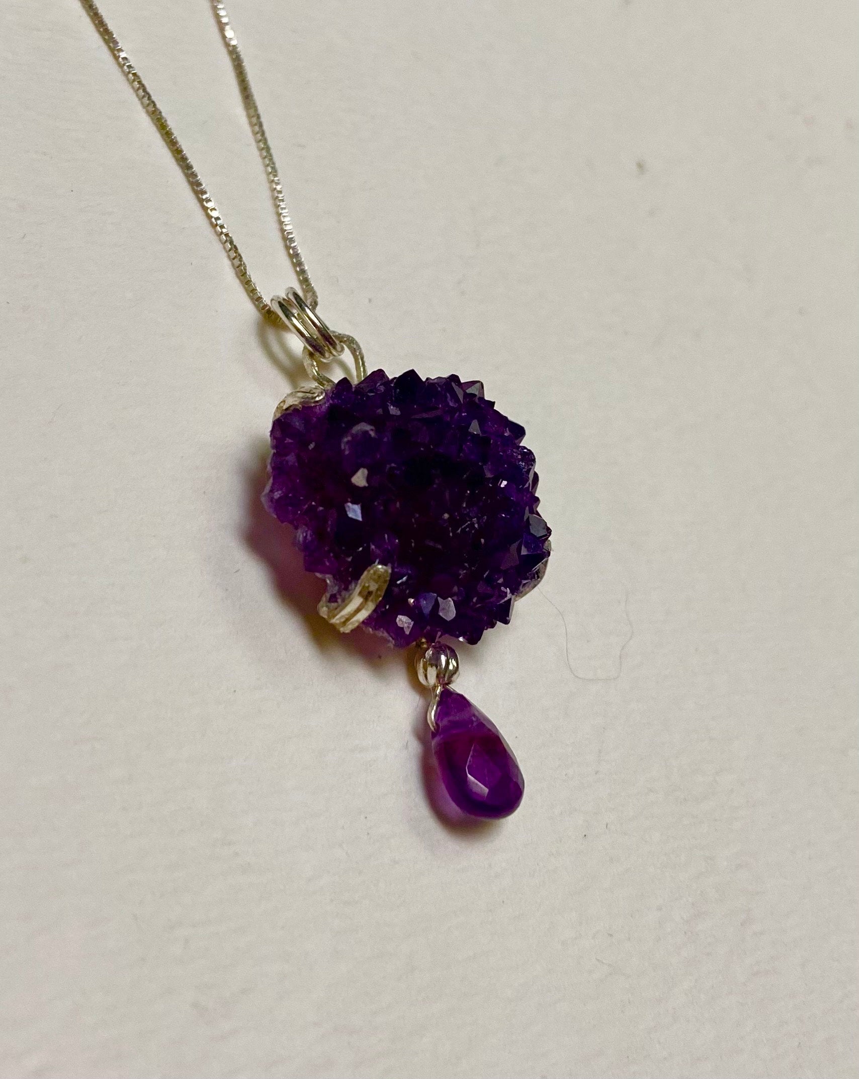 Beautiful specimen Amethyst stalactite rosette cluster pendant necklace in solid sterling silver