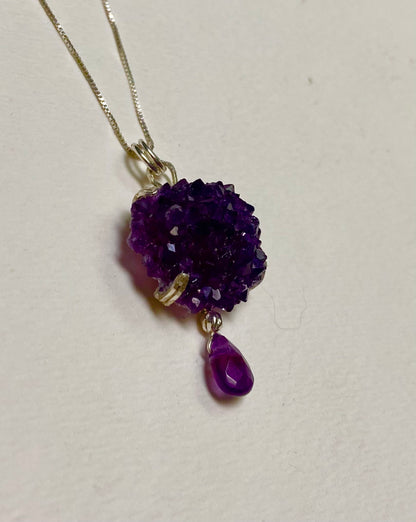 Beautiful specimen Amethyst stalactite rosette cluster pendant necklace in solid sterling silver