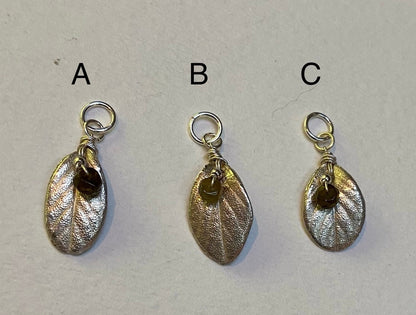 Solid fine silver leaf pendant charm with green tourmaline