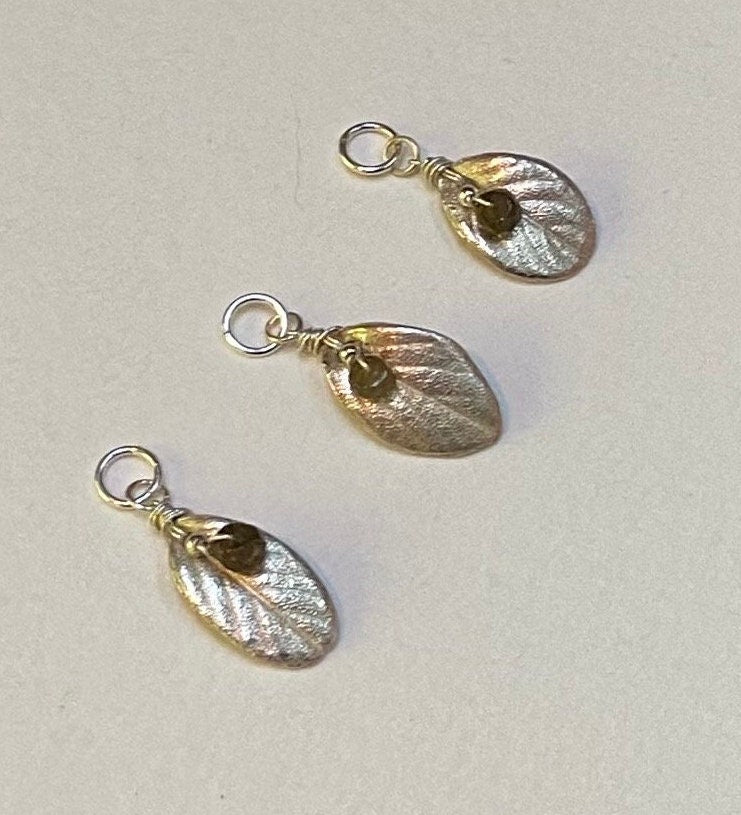 Solid fine silver leaf pendant charm with green tourmaline