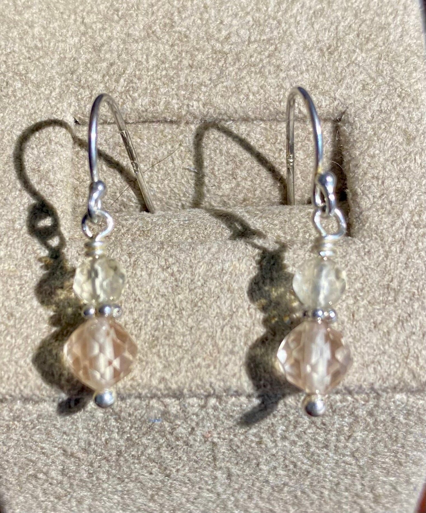 Oregon Sunstone dangle drop beaded earrings with sterling silver hooks.