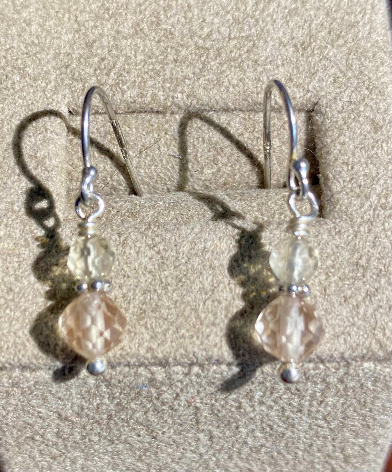 Oregon Sunstone dangle drop beaded earrings with sterling silver hooks.