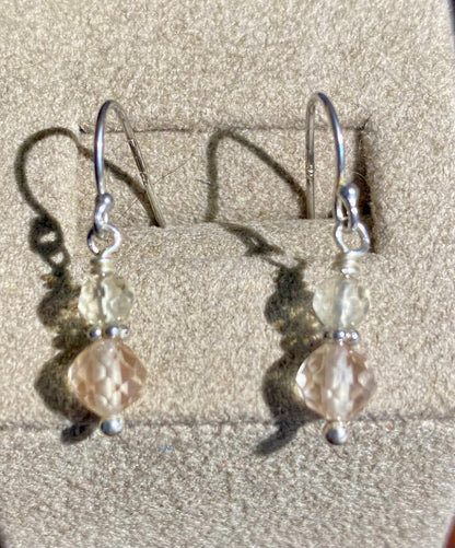 Oregon Sunstone dangle drop beaded earrings with sterling silver hooks.