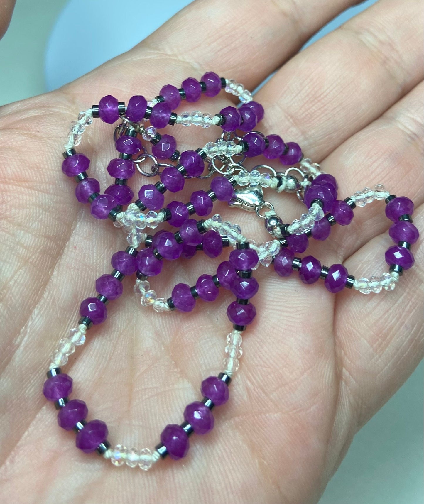 Purple Jadeite, hematite and crystal hand knotted necklace in sterling silver with adjustable extender