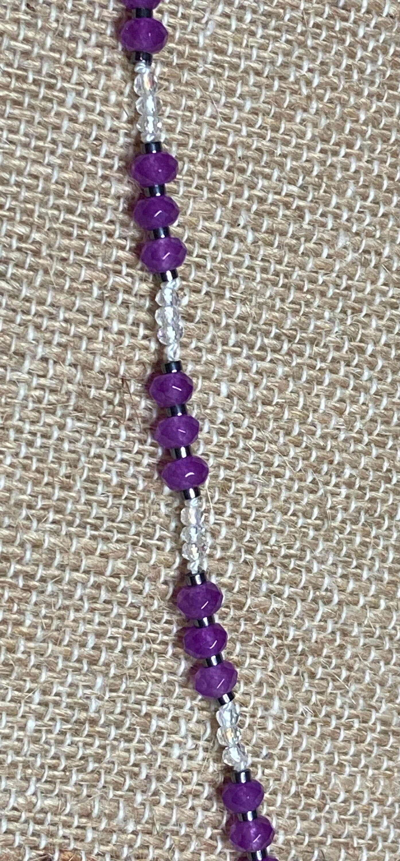 Purple Jadeite, hematite and crystal hand knotted necklace in sterling silver with adjustable extender