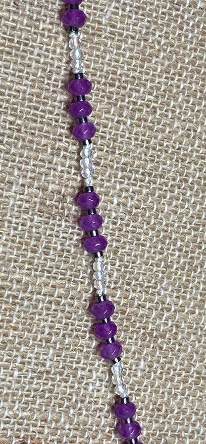 Purple Jadeite, hematite and crystal hand knotted necklace in sterling silver with adjustable extender