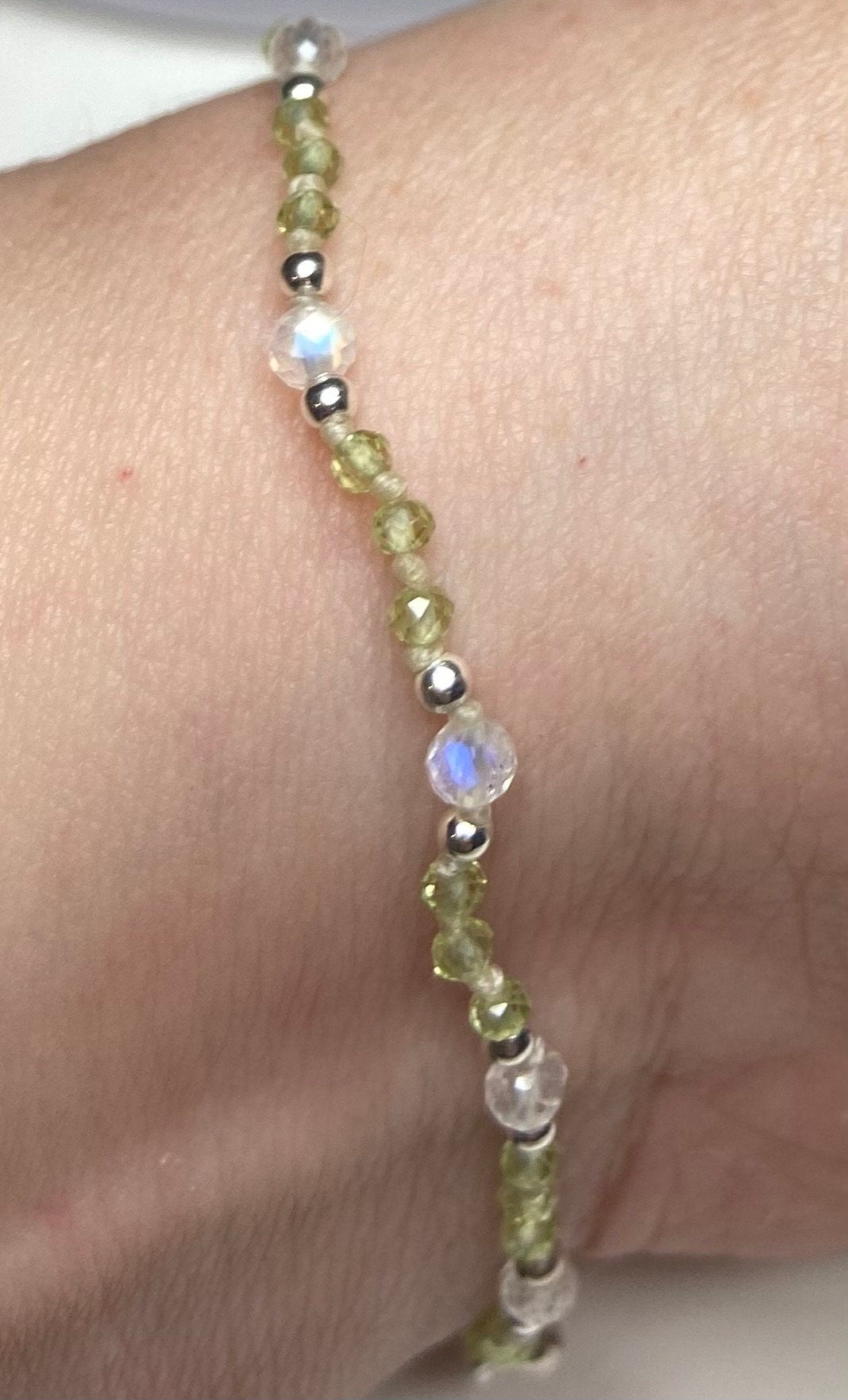 Peridot and fine blue sheen moonstone beaded bracelet with sterling silver