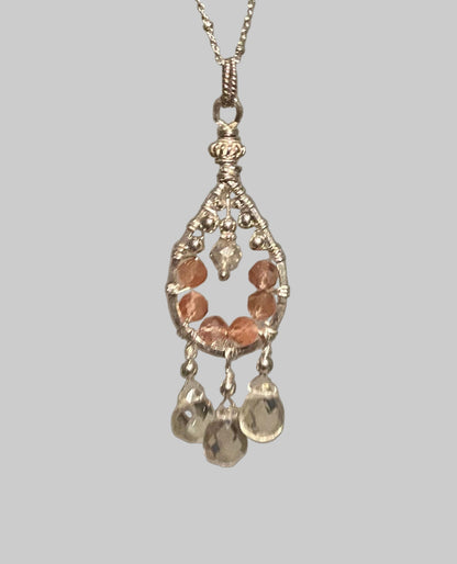 Oregon Sunstone beaded and wire wrapped chandelier dream catcher style pendant necklace