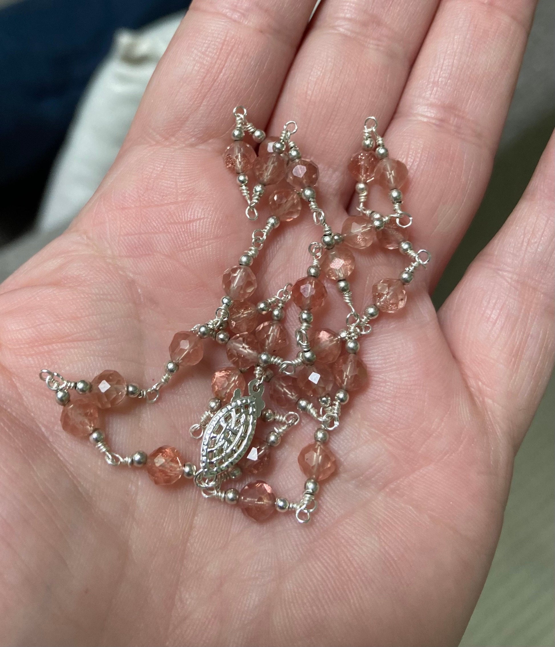 Genuine Oregon Sunstone beaded sterling silver necklace with filigree clasp.