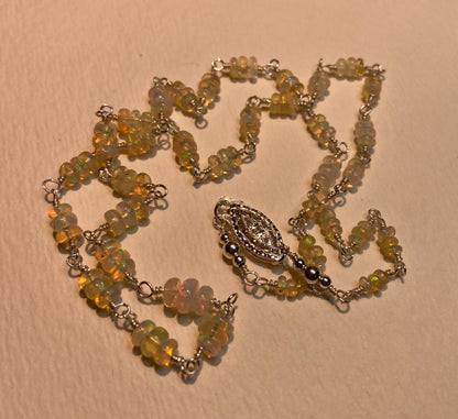 Ethiopian Wello Opal beaded necklace in solid sterling silver with filigree clasp.