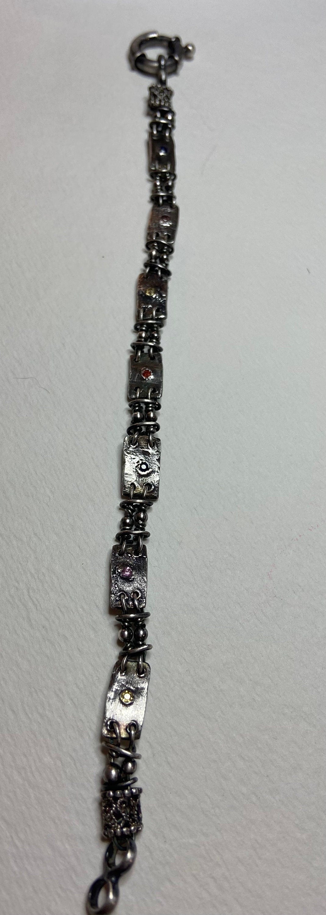 Multi color sapphire fine PMC silver and sterling hand forged station bracelet OOAK