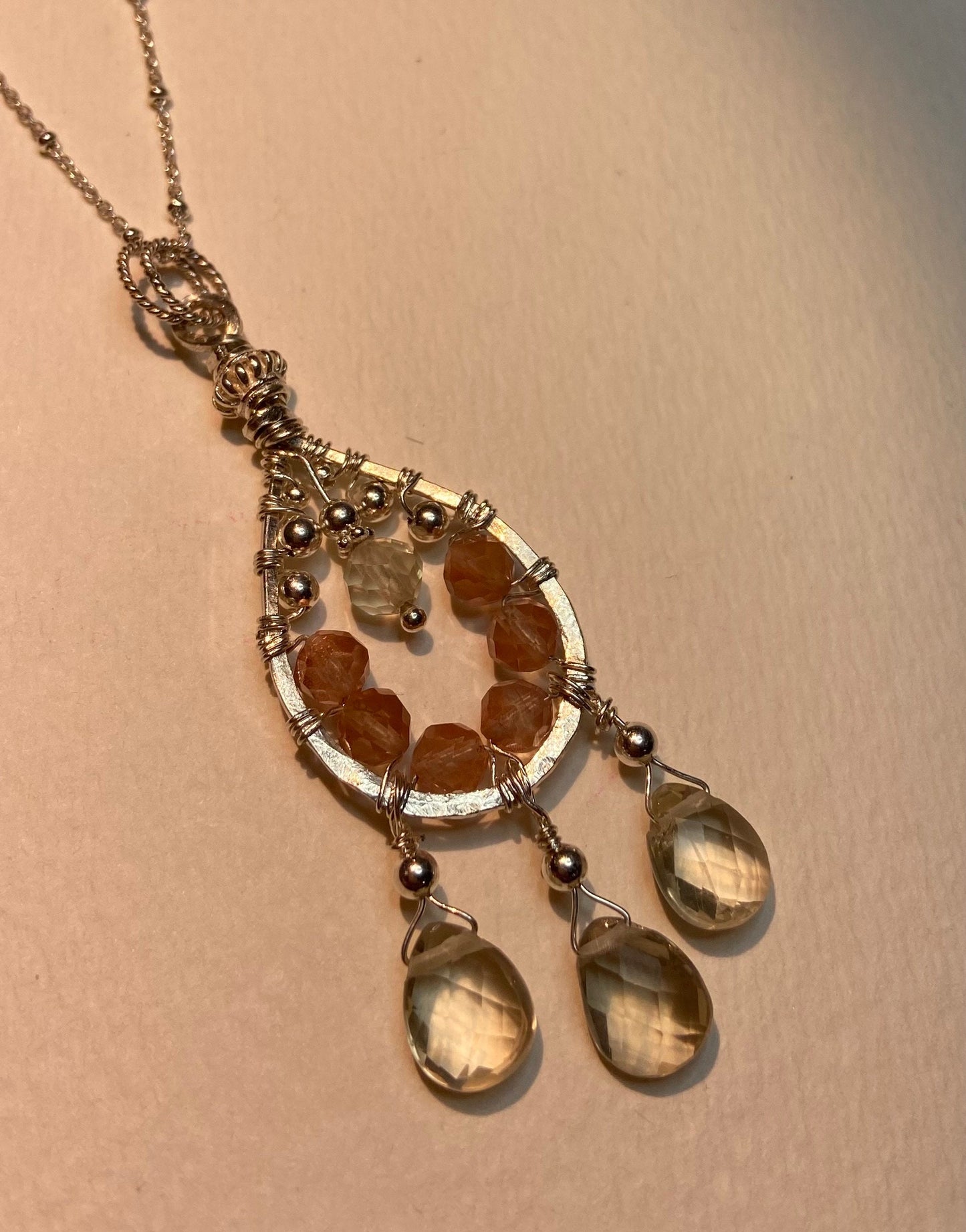Oregon Sunstone beaded and wire wrapped chandelier dream catcher style pendant necklace