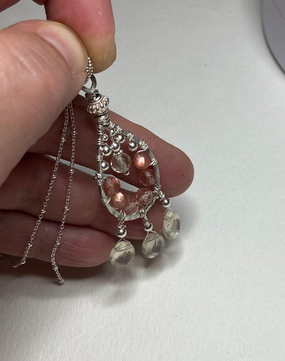 Oregon Sunstone beaded and wire wrapped chandelier dream catcher style pendant necklace