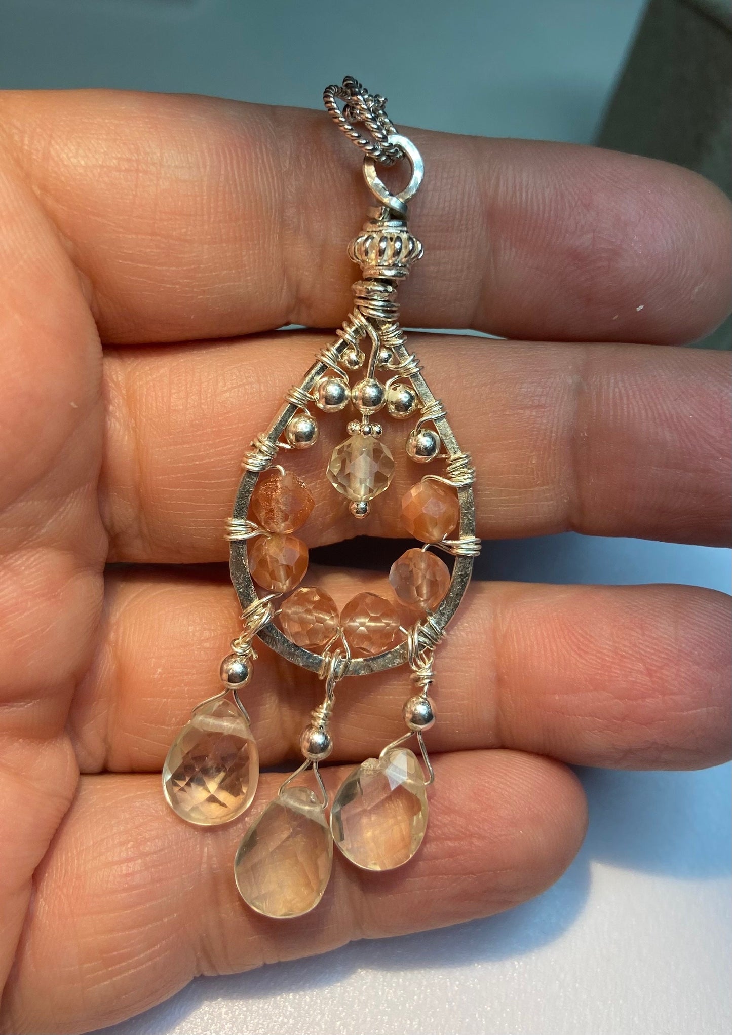 Oregon Sunstone beaded and wire wrapped chandelier dream catcher style pendant necklace