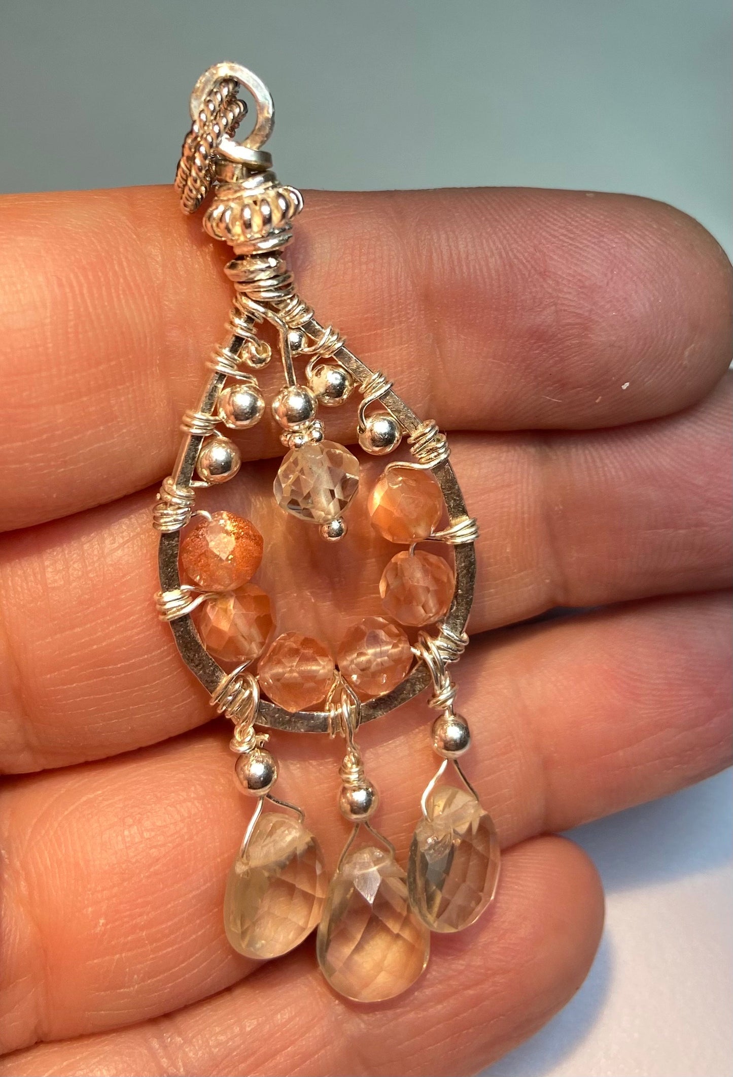 Oregon Sunstone beaded and wire wrapped chandelier dream catcher style pendant necklace