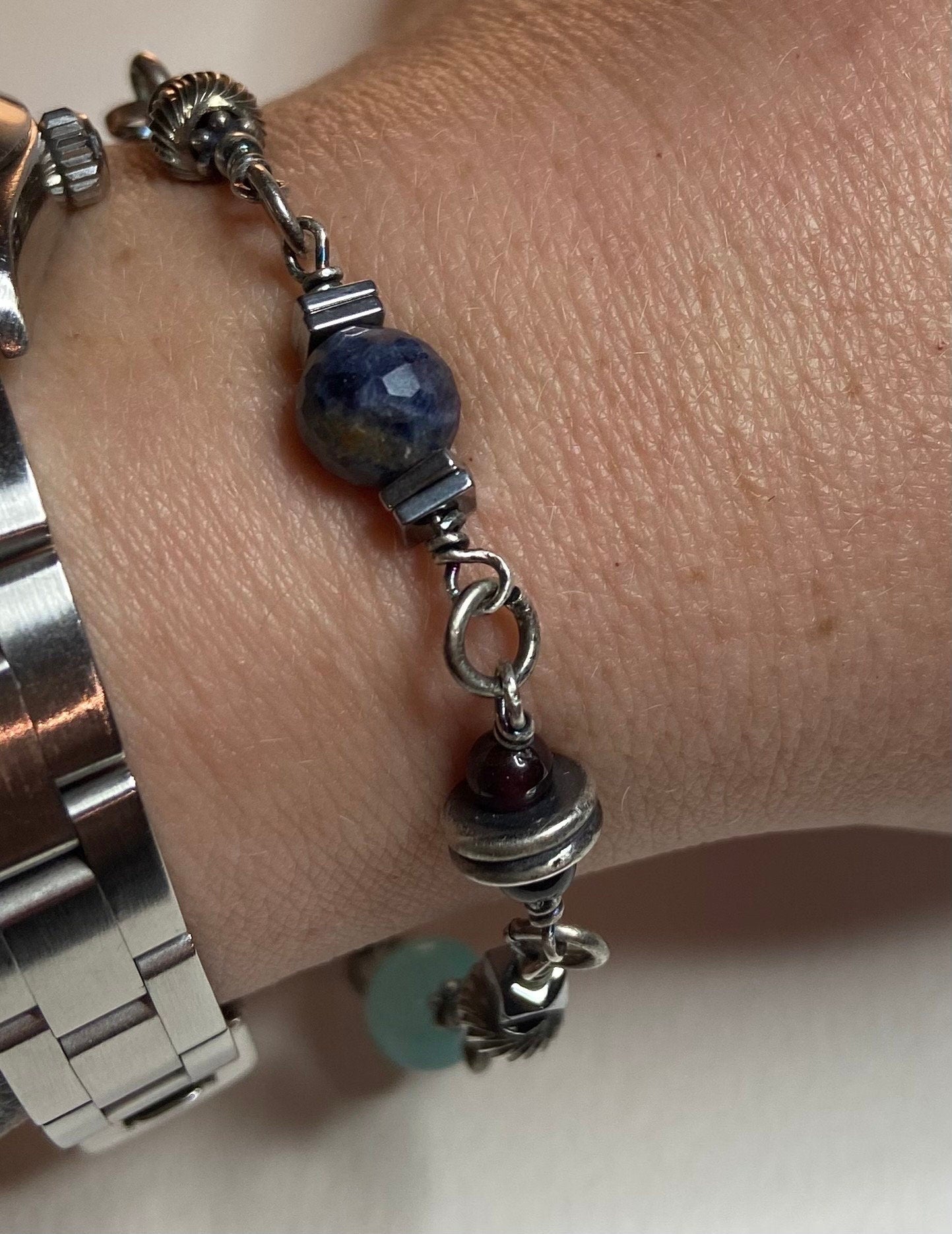 Rugged, solid sterling silver industrial style bracelet featuring gemstones OOAK