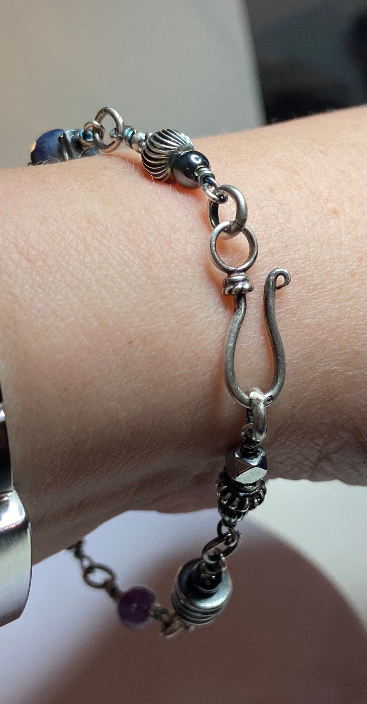 Rugged, solid sterling silver industrial style bracelet featuring gemstones OOAK