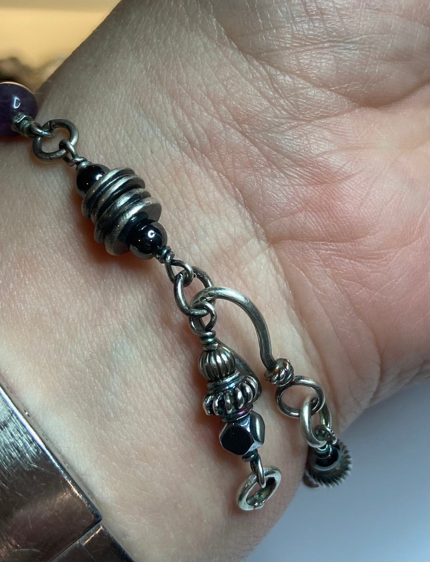 Rugged, solid sterling silver industrial style bracelet featuring gemstones OOAK