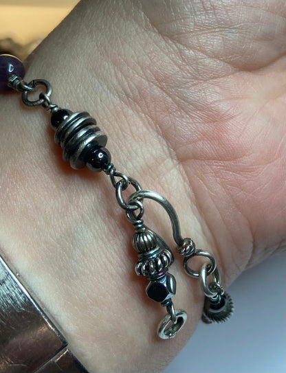 Rugged, solid sterling silver industrial style bracelet featuring gemstones OOAK