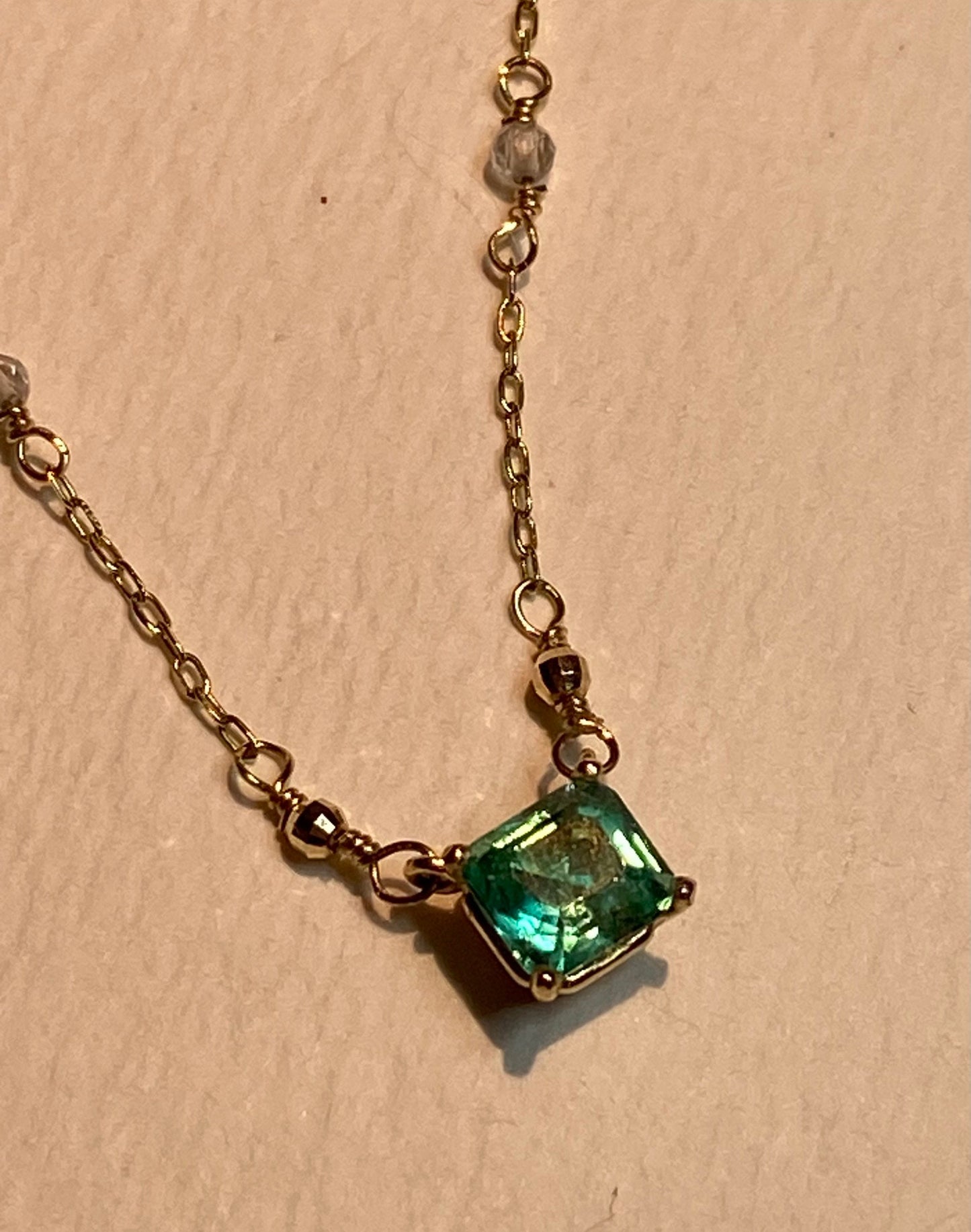 14k Emerald and quartz solid gold necklace choker