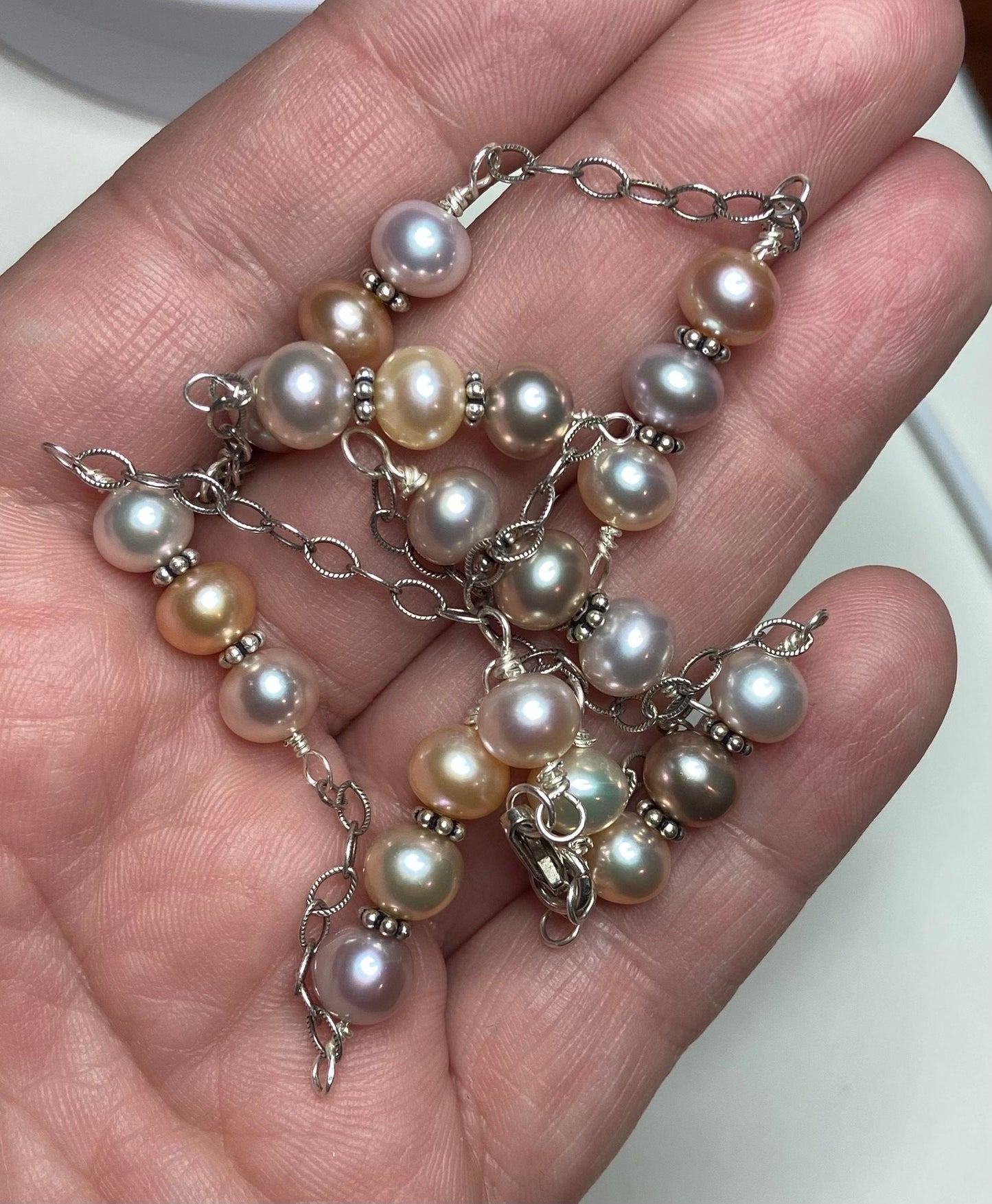 Freshwater multi color natural cultured pearl adjustable station necklace in solid sterling silver