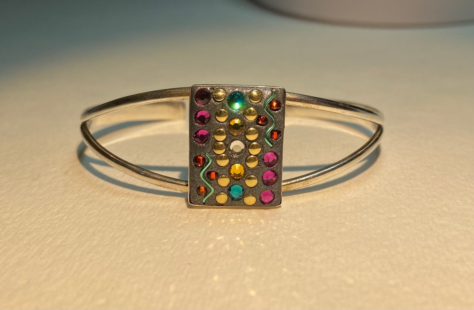 Fun and funky solid sterling silver cuff bracelet featuring Swarovski crystals and more OOAK