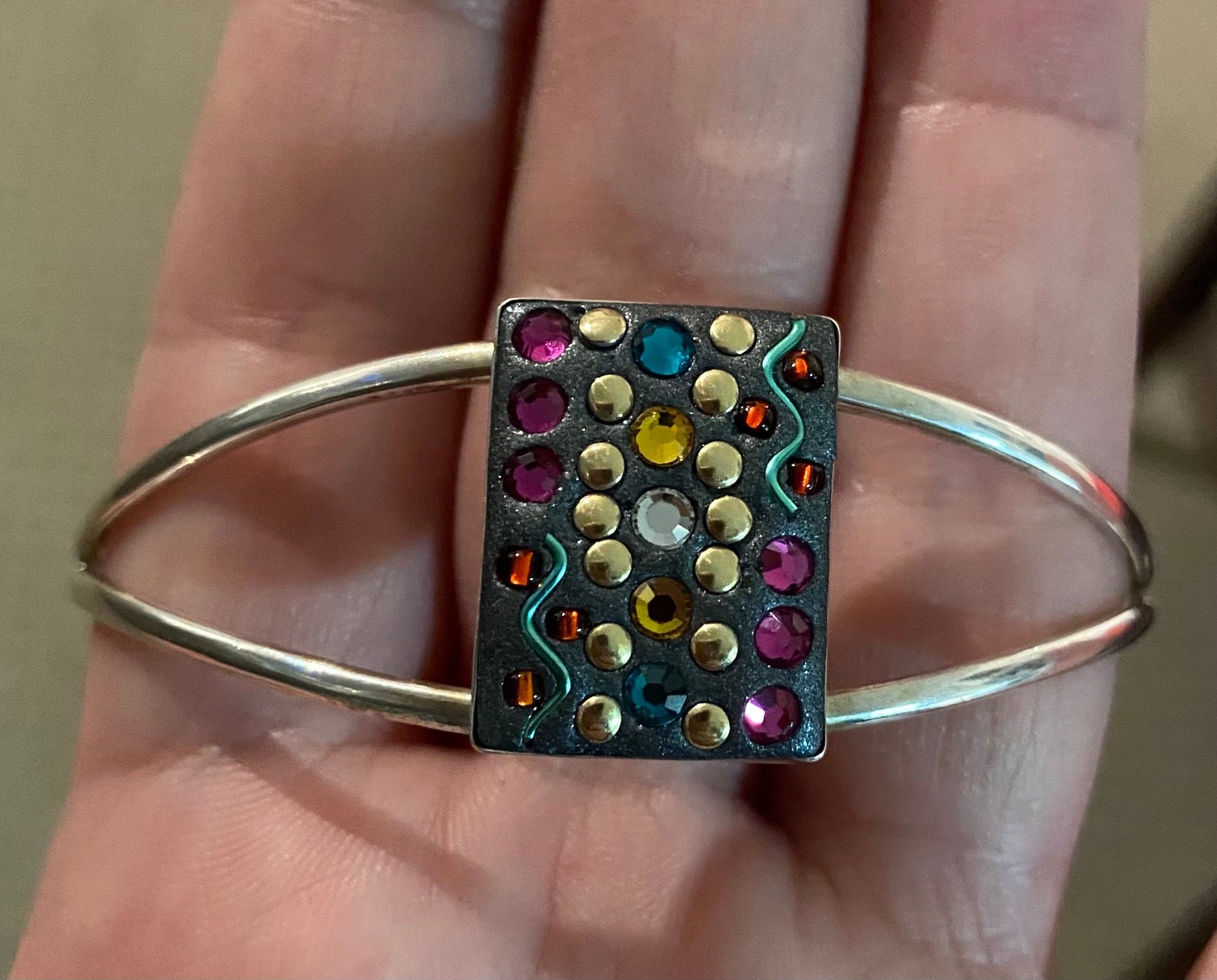 Fun and funky solid sterling silver cuff bracelet featuring Swarovski crystals and more OOAK