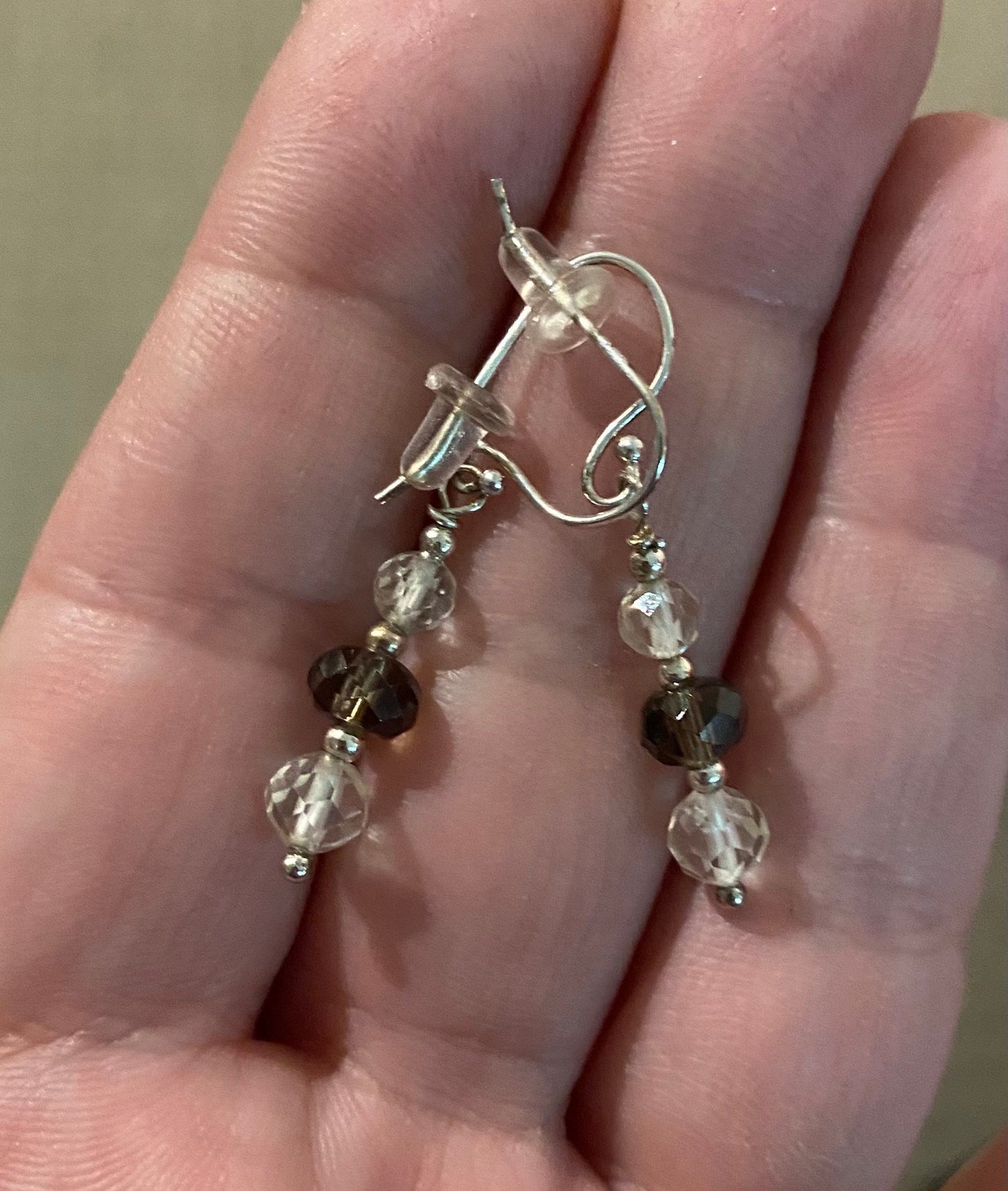 Oregon Sunstone and smokey quartz beaded dangle drop earrings.