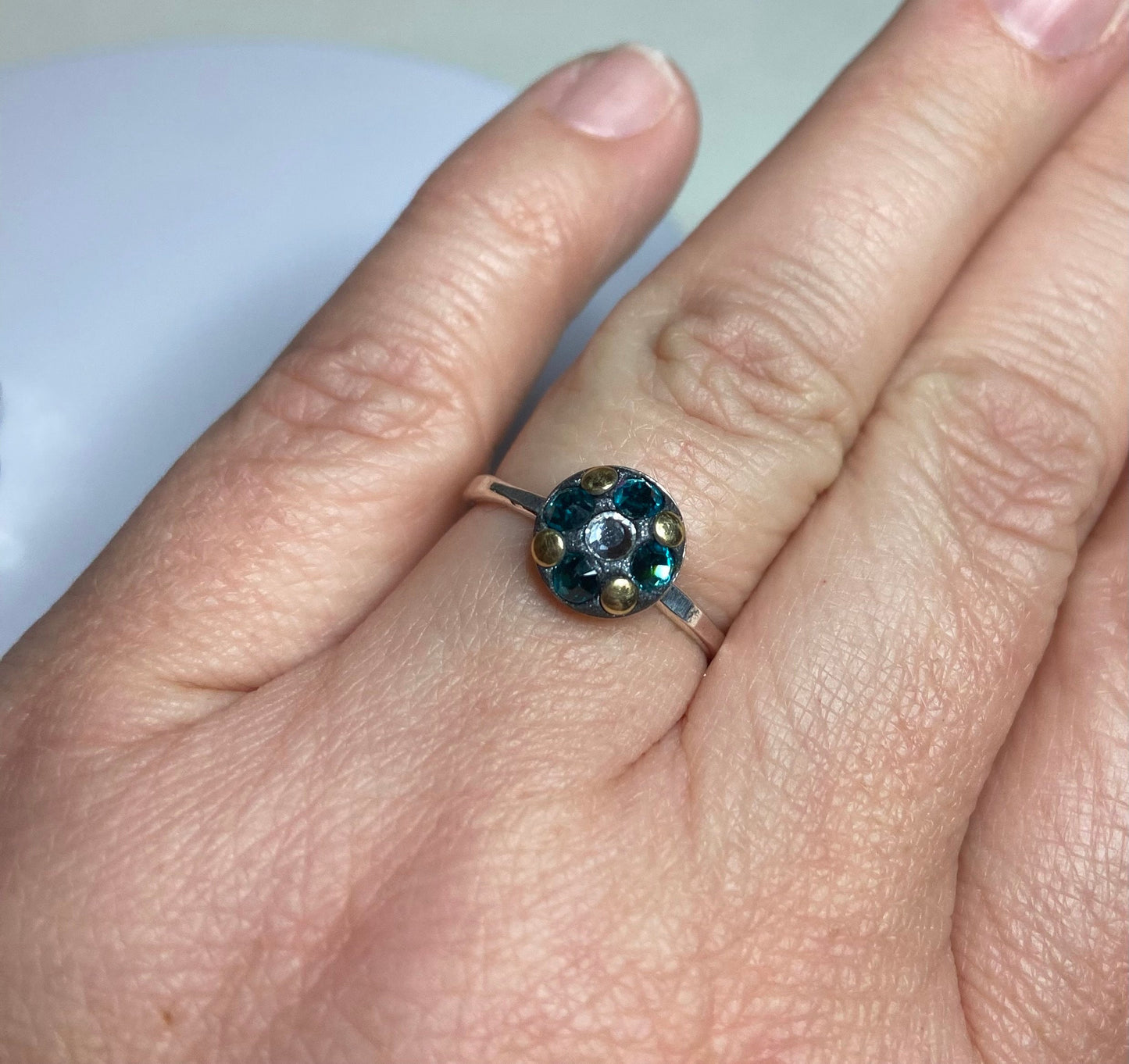 Sterling silver Swarovski and gold embellished stacking band rings in choice of color pink teal or clear