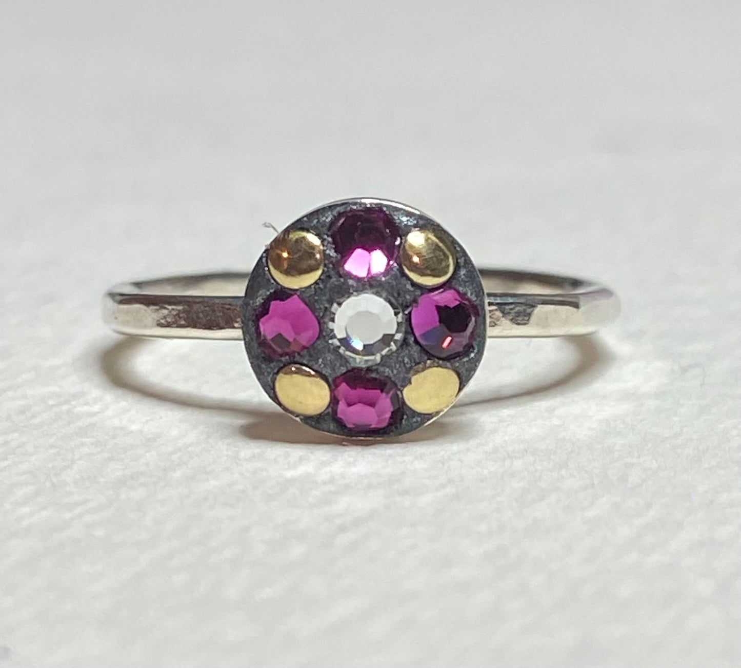 Sterling silver Swarovski and gold embellished stacking band rings in choice of color pink teal or clear