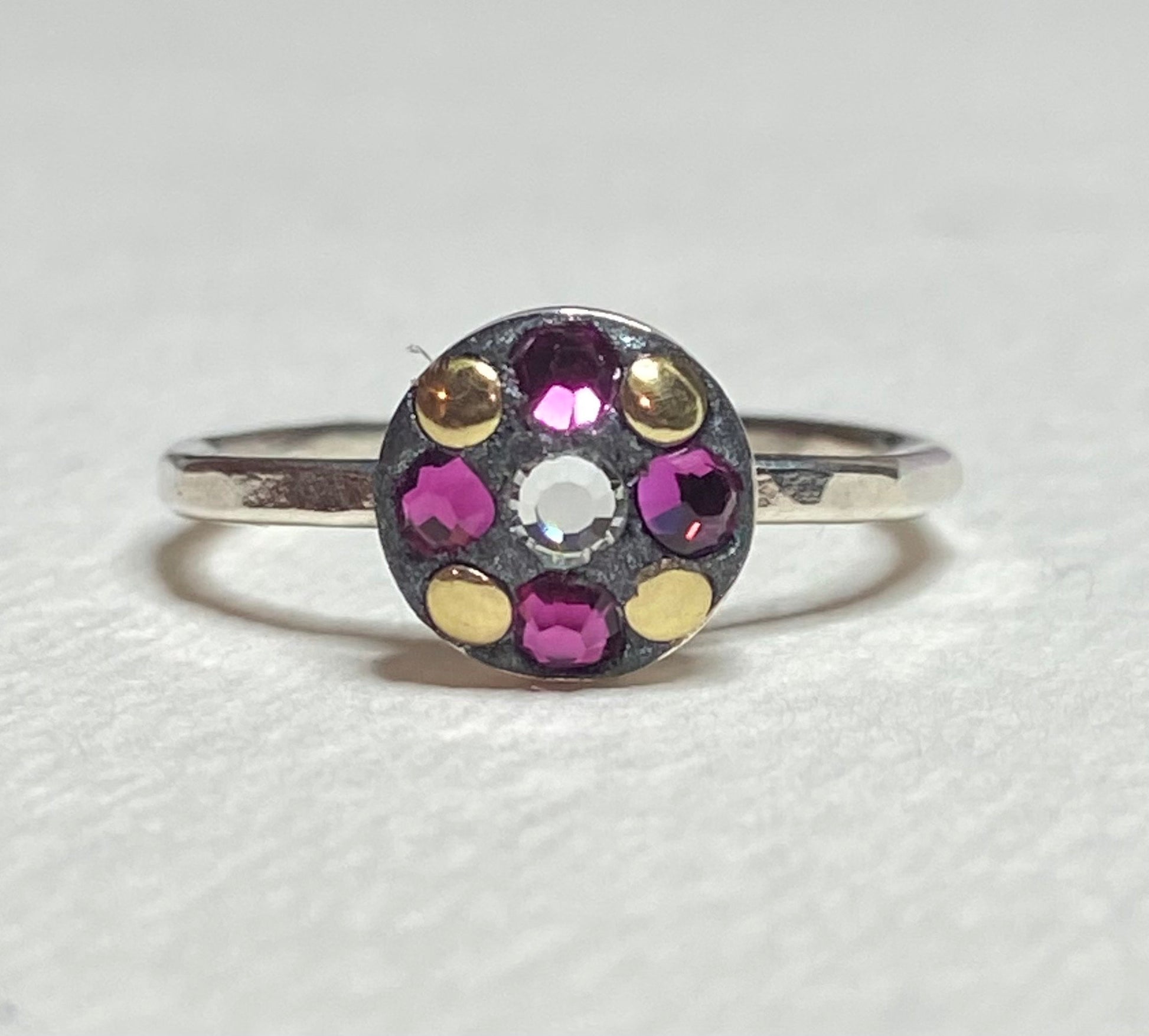 Sterling silver Swarovski and gold embellished stacking band rings in choice of color pink teal or clear