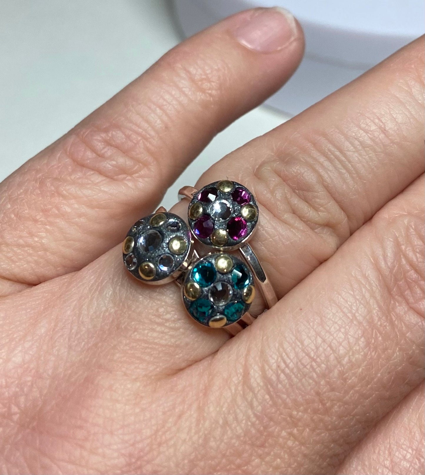 Sterling silver Swarovski and gold embellished stacking band rings in choice of color pink teal or clear